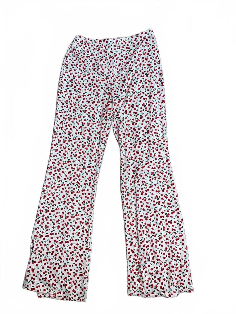 Cloud Ten Women's White Cherry Print Flared Pajama Pants, Size Medium